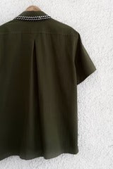 Premium Olive Green Half Sleeve Casual Shirt for Men | Contrast Stitch Cotton Blend Regular Fit