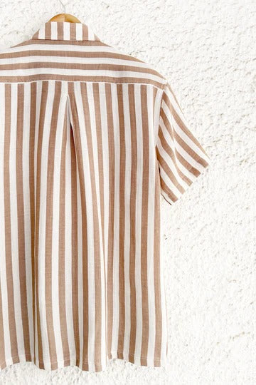 Premium Beige & White Vertical Striped Half Sleeve Casual Cotton Blend Shirt for Men