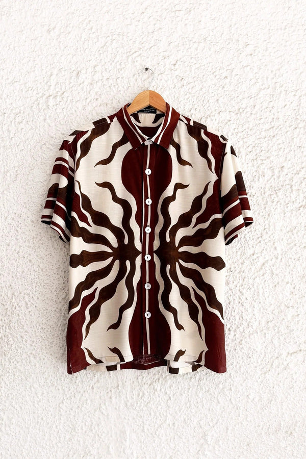 Premium Abstract Brown & Cream Printed Half Sleeve Casual Shirt for Men | Cotton Blend Regular Fit