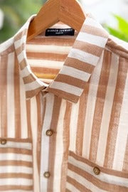 Premium Beige & White Vertical Striped Half Sleeve Casual Cotton Blend Shirt for Men