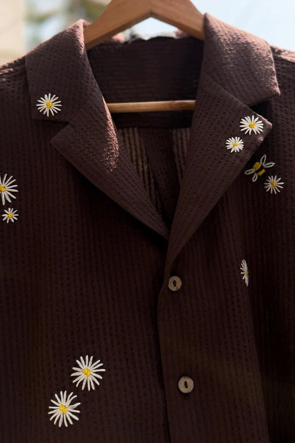Premium Brown Embroidered Half Sleeve Casual Shirt for Men | Textured Cotton Blend Regular Fit