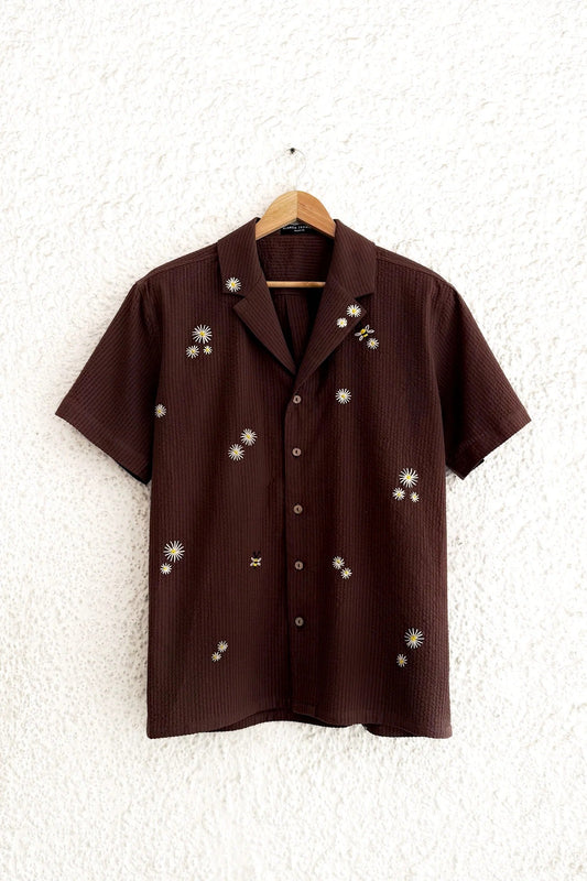Premium Brown Embroidered Half Sleeve Casual Shirt for Men | Textured Cotton Blend Regular Fit