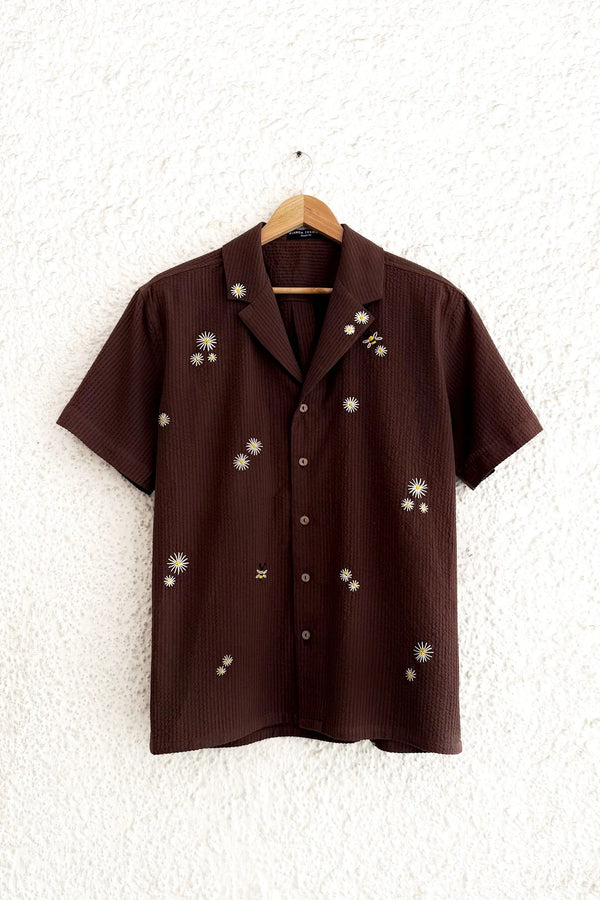Premium Brown Embroidered Half Sleeve Casual Shirt for Men | Textured Cotton Blend Regular Fit