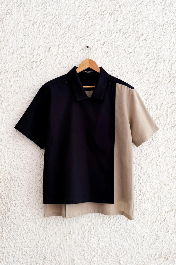 Premium Black & Beige Color Block Half Sleeve Casual Shirt for Men | Cotton Blend Regular Fit