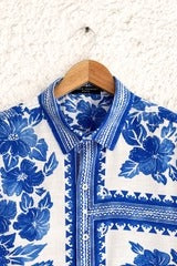 Premium Blue & White Floral Printed Half Sleeve Casual Shirt for Men | Cotton Blend Regular Fit