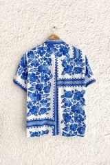 Premium Blue & White Floral Printed Half Sleeve Casual Shirt for Men | Cotton Blend Regular Fit